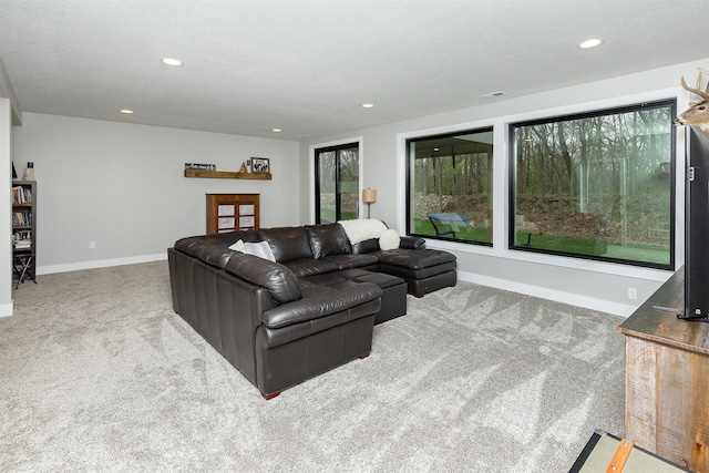 1040 W Trace Pl, Polk City, IA 50226 - living room with visible vents, baseboards, carpet floors, and recessed lighting