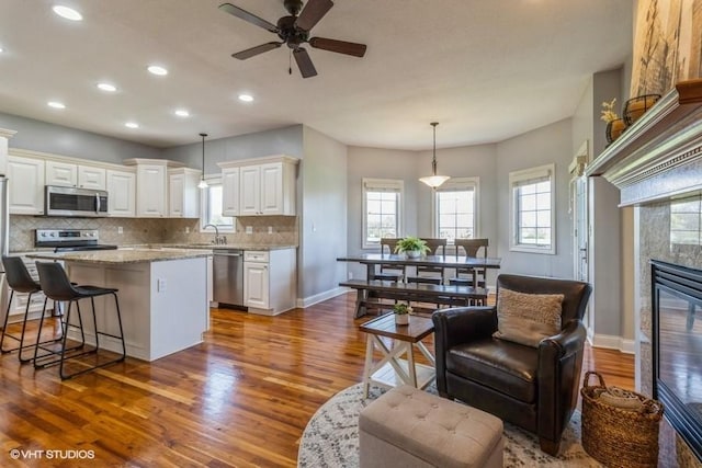 kitchen with recessed lighting, dark wood finished floors, a kitchen island, and stainless steel appliances