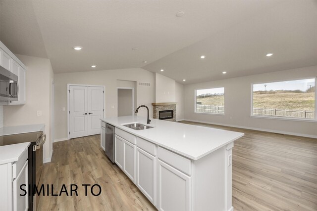 16514 Ironwood Ln, Urbandale, IA 50323 - kitchen featuring a sink, stainless steel appliances, a stone fireplace, light wood-style floors, and white cabinetry
