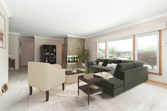 living area with carpet flooring, crown molding, a fireplace, and baseboards