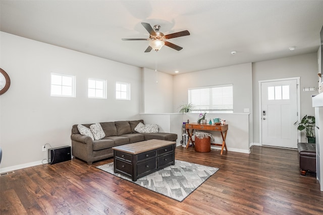 2802 SW Prairie Trail Pkwy, Ankeny, IA 50023 - living room featuring plenty of natural light, wood finished floors, baseboards, and ceiling fan