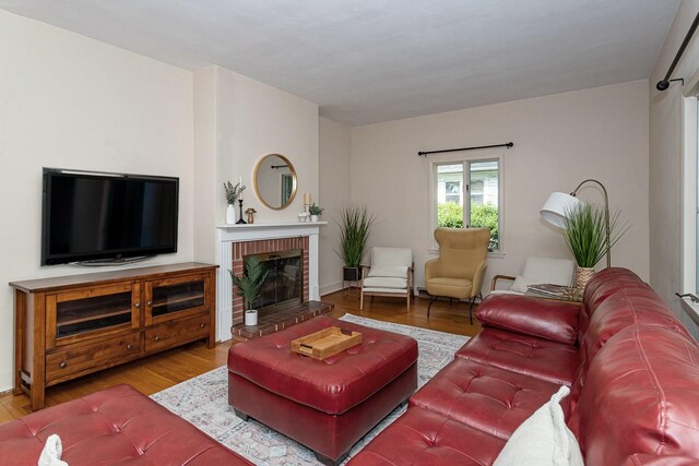 living room featuring wood finished floors and a fireplace