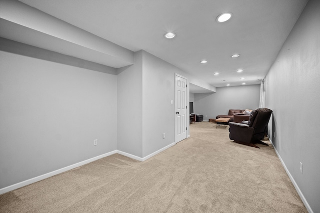 sitting room featuring recessed lighting, baseboards, and carpet floors