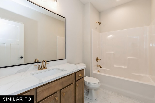 bathroom with shower / bathing tub combination, vanity, toilet, and marble finish floor
