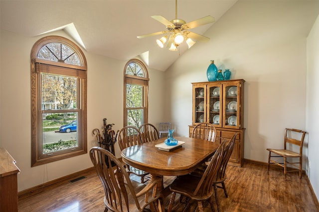 dining room featuring a wealth of natural light, vaulted ceiling, and wood finished floors