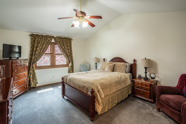 bedroom with baseboards, dark colored carpet, ceiling fan, and vaulted ceiling