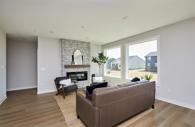 living area with baseboards, wood finished floors, and a fireplace