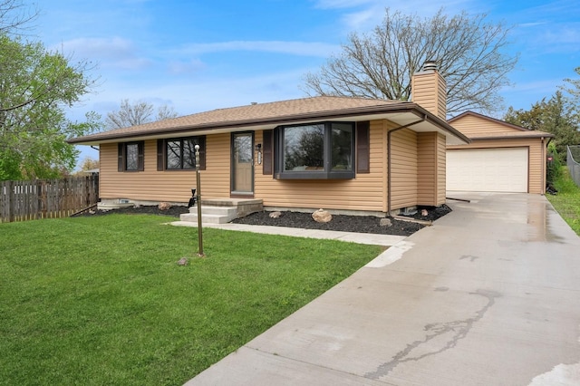 single story home featuring an outdoor structure, concrete driveway, a chimney, a front yard, and fence
