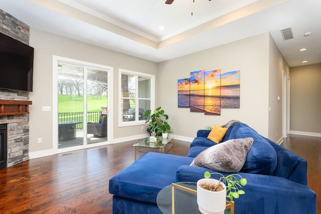 1616 Park Ave, Des Moines, IA 50315 - living area with hardwood / wood-style floors, ceiling fan, a fireplace, recessed lighting, and ornamental molding
