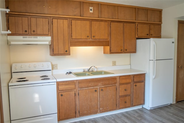 180 1st St, Gilbert, IA 50105 - kitchen featuring a sink, light wood-style floors, light countertops, under cabinet range hood, and white appliances