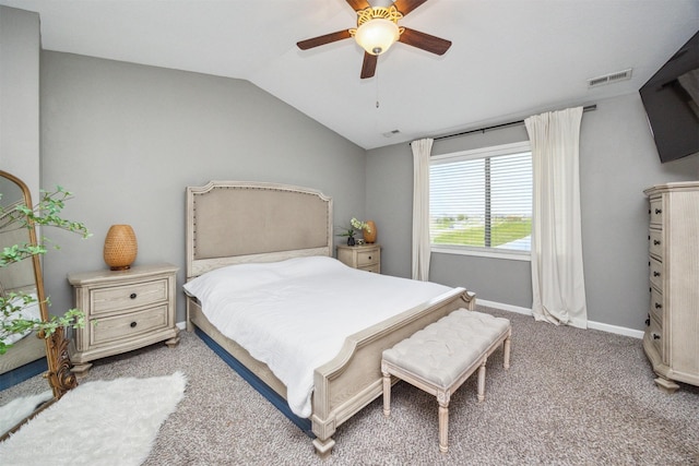 carpeted bedroom featuring visible vents, ceiling fan, lofted ceiling, and baseboards