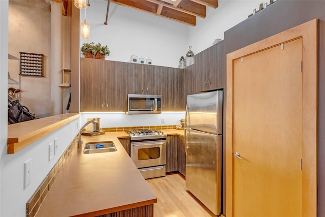 kitchen featuring light countertops, a sink, stainless steel appliances, and light wood-type flooring