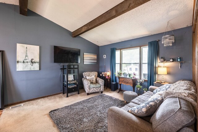 living room featuring a chandelier, vaulted ceiling with beams, visible vents, carpet, and baseboards