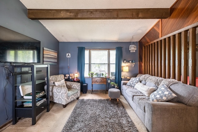 living area with carpet flooring and vaulted ceiling with beams
