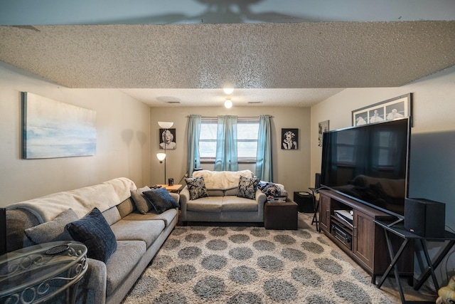 living room featuring a textured ceiling