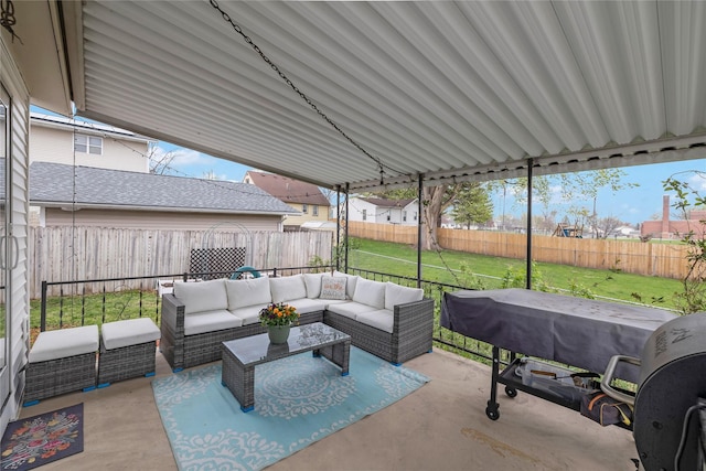 view of patio / terrace with an outdoor hangout area and a fenced backyard