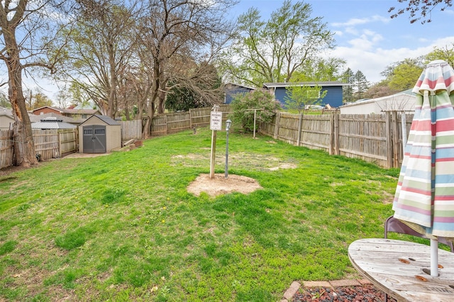 view of yard featuring an outdoor structure, a shed, and a fenced backyard