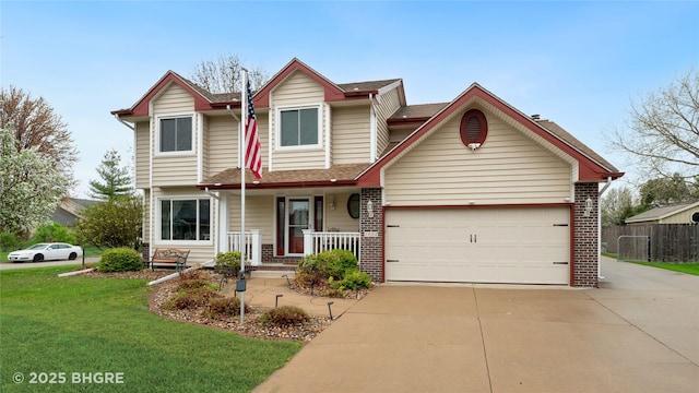 view of front of property with fence, a porch, driveway, and a front yard