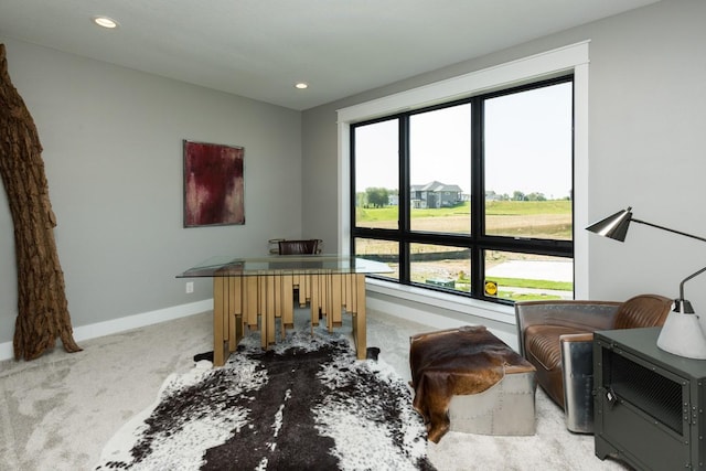 carpeted home office with recessed lighting and baseboards