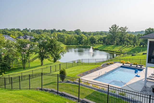 view of swimming pool featuring a patio, a yard, a fenced in pool, a water view, and fence