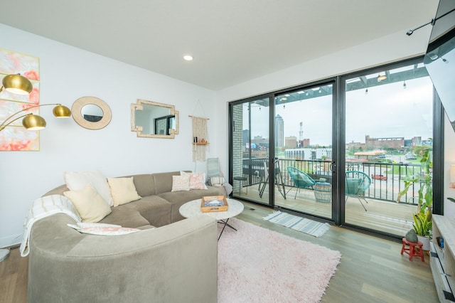 living area with a city view, recessed lighting, and wood finished floors