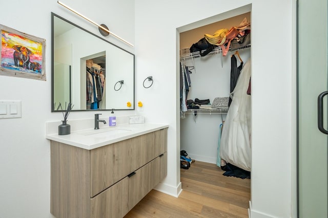 full bath with baseboards, a spacious closet, wood finished floors, and vanity