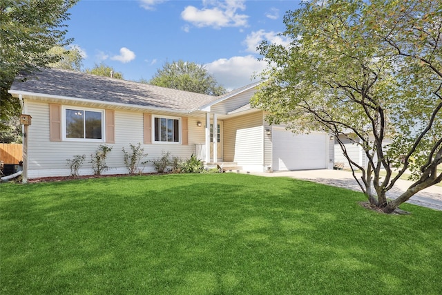 single story home with a front lawn, driveway, a garage, and a shingled roof