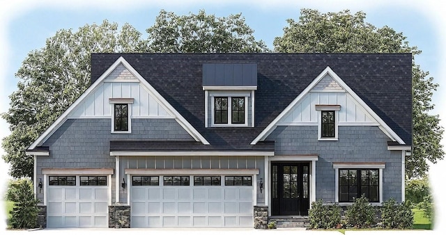 view of front of house with board and batten siding, a shingled roof, a garage, stone siding, and concrete driveway