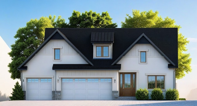 modern farmhouse style home with a garage, board and batten siding, a shingled roof, and decorative driveway