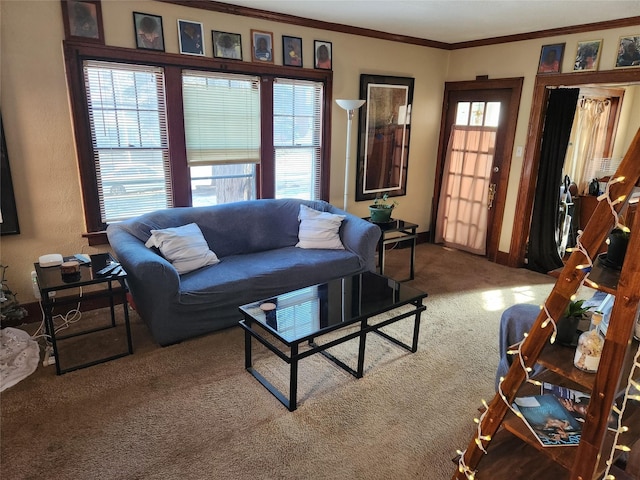 1134 39th St, Des Moines, IA 50311 - carpeted living area with crown molding