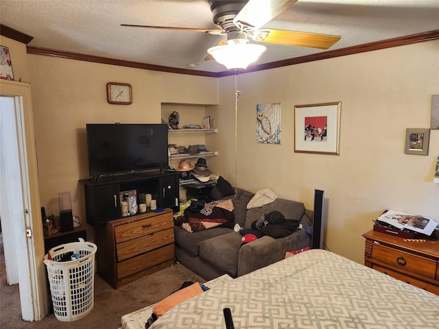1134 39th St, Des Moines, IA 50311 - bedroom featuring ornamental molding, a textured ceiling, ceiling fan, and carpet floors