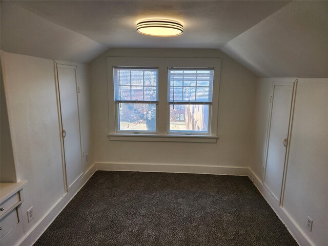 1134 39th St, Des Moines, IA 50311 - bonus room featuring baseboards, dark carpet, and vaulted ceiling