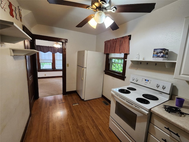 502 NE 2nd St, Greenfield, IA 50849 - kitchen featuring white appliances, healthy amount of natural light, hardwood / wood-style floors, and open shelves