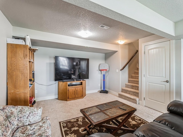 2035 SE Parkview Crossing Dr, Waukee, IA 50263 - carpeted living room with baseboards, a textured ceiling, and stairs