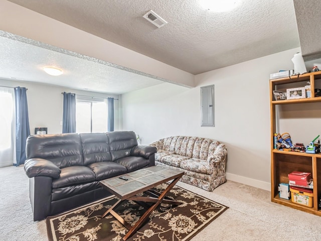 2035 SE Parkview Crossing Dr, Waukee, IA 50263 - living room with carpet, a textured ceiling, baseboards, and electric panel