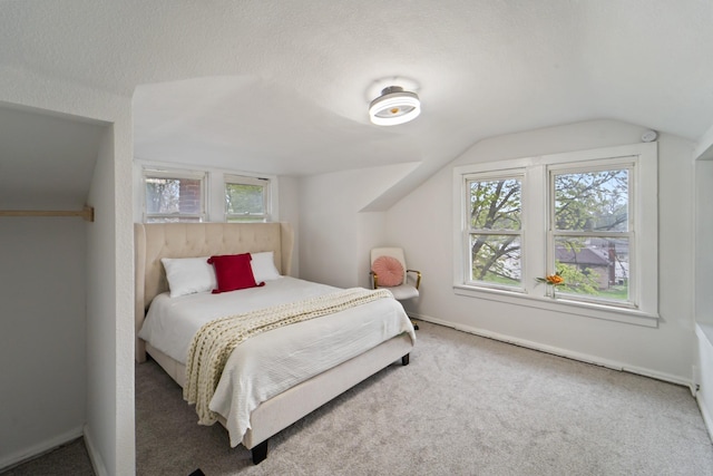 bedroom with lofted ceiling, baseboards, carpet flooring, and multiple windows
