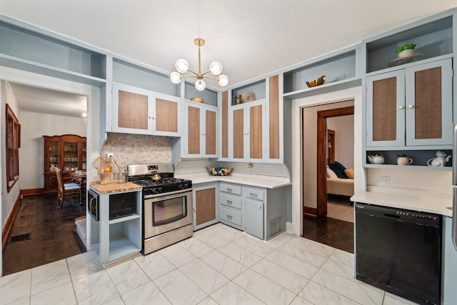 kitchen featuring open shelves, visible vents, light countertops, dishwasher, and gas range