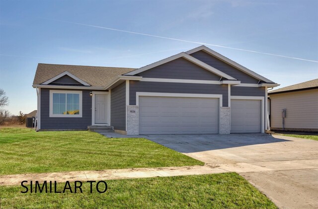 9394 Modena Ln, West Des Moines, IA 50266 - ranch-style home with an attached garage, a front yard, brick siding, concrete driveway, and roof with shingles