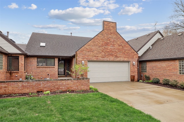 view of front of house featuring concrete driveway, a chimney, roof with shingles, an attached garage, and brick siding