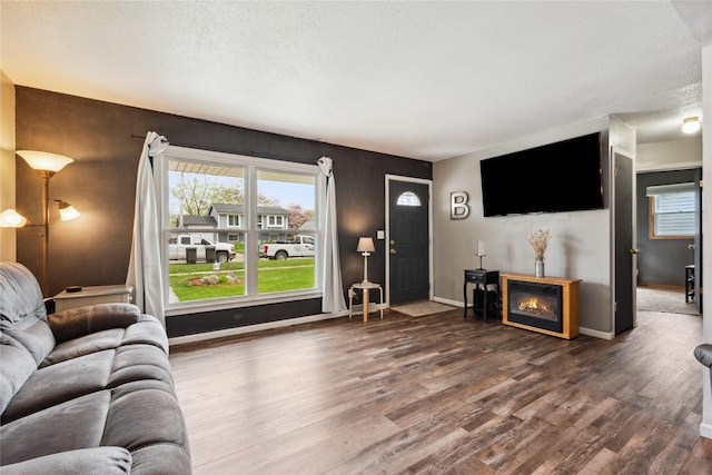 living room with baseboards, wood finished floors, plenty of natural light, and a glass covered fireplace