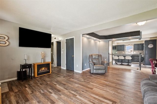living room featuring baseboards, wood finished floors, and a fireplace