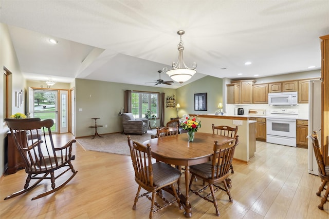 dining room with recessed lighting, ceiling fan, light wood-style flooring, and lofted ceiling