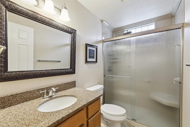 full bath with toilet, a shower stall, and vanity