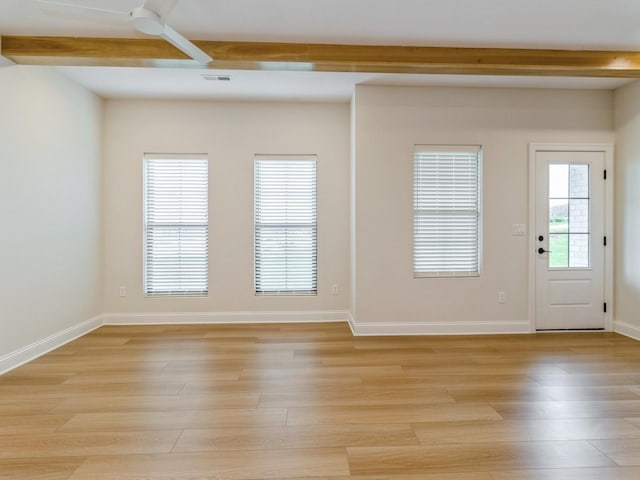 interior space with light wood finished floors, visible vents, beam ceiling, and baseboards