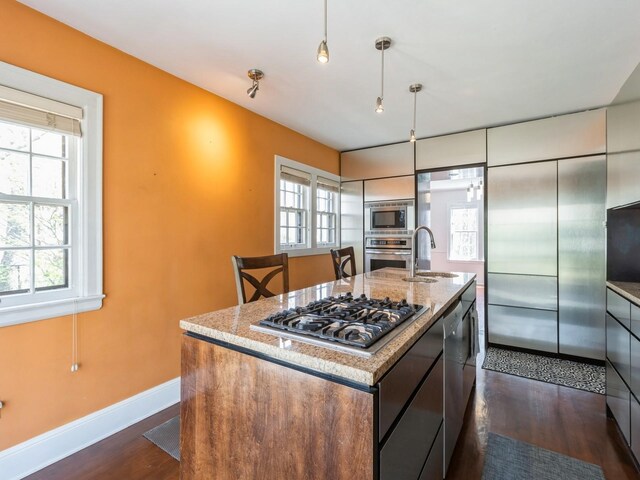 322 49th St, Des Moines, IA 50312 - kitchen featuring stainless steel appliances, dark wood-style floors, a sink, light stone counters, and a center island with sink