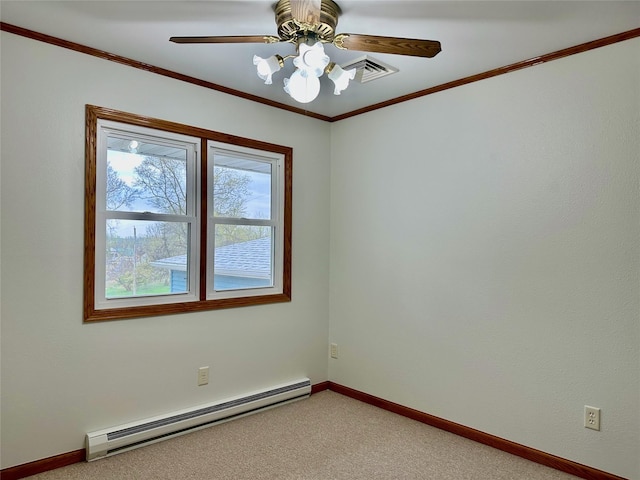 unfurnished room with a ceiling fan, baseboards, light colored carpet, and a baseboard radiator