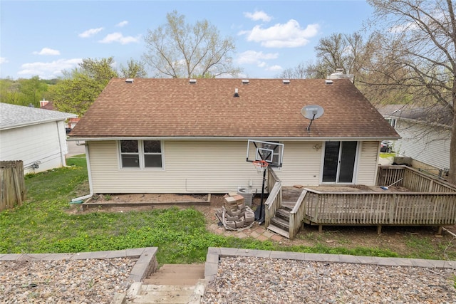 rear view of house with a wooden deck and roof with shingles