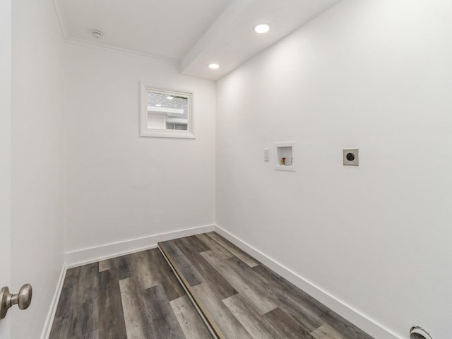 laundry room featuring crown molding, laundry area, hookup for a washing machine, recessed lighting, and electric dryer hookup