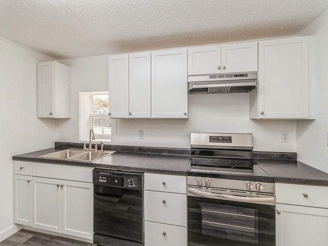 kitchen with dark countertops, black dishwasher, under cabinet range hood, a sink, and stainless steel electric range oven
