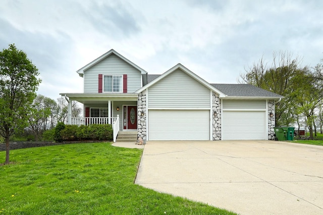 traditional-style home featuring stone siding, a garage, a porch, a front yard, and driveway